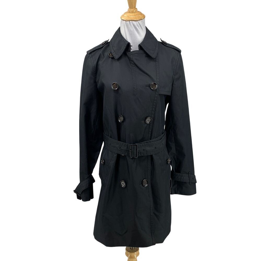 Coach Coat Womens S Small Black Leather Trim Double Breasted Belted Lined Trench